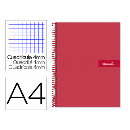 Cuaderno espiral liderpapel a4 crafty tapa forrada 80h 90 gr cuadro 4mm con margen color roja