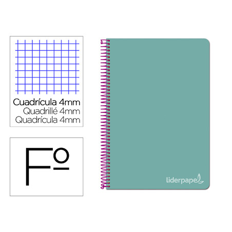 Cuaderno espiral liderpapel folio witty tapa dura 80h 75gr cuadro 4mm con margen color turquesa