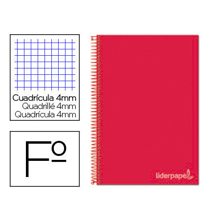 Cuaderno espiral liderpapel folio witty tapa dura 80h 75gr cuadro 4mm con margen color rojo