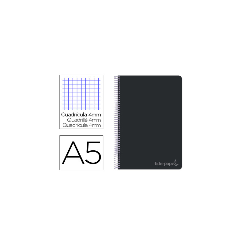Cuaderno espiral liderpapel cuarto witty tapa dura 80h 75gr cuadro 4mm con margen color negro