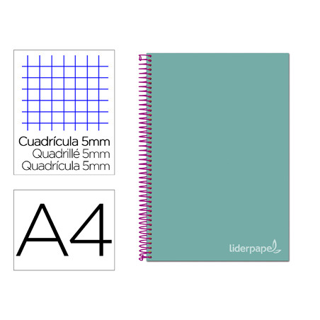 Cuaderno espiral liderpapel a4 micro jolly tapa forrada 140h 75 gr cuadro 5mm 5 bandas4 taladros color turquesa