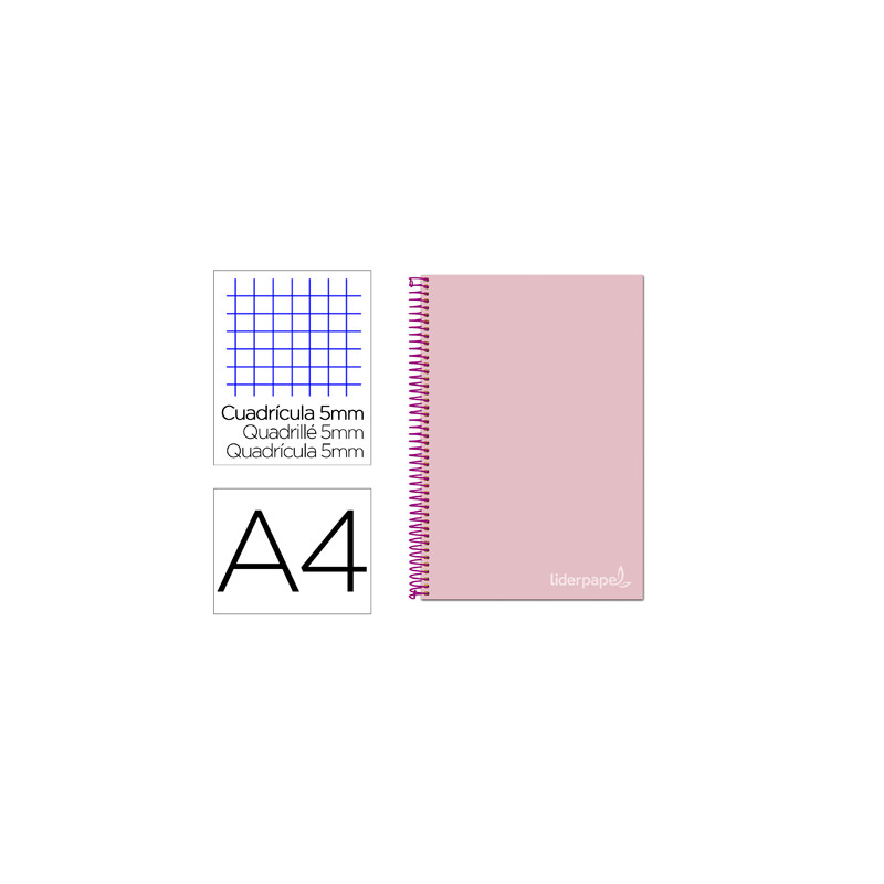 Cuaderno espiral liderpapel a4 micro jolly tapa forrada 140h 75 gr cuadro 5mm 5 bandas 4 taladros color rosa