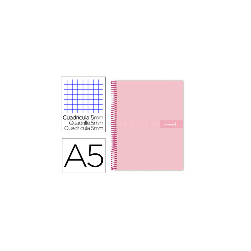 Cuaderno espiral liderpapel a5 micro crafty tapa forrada 120h 90 gr cuadro 5mm 5 bandas6 taladros color rosa