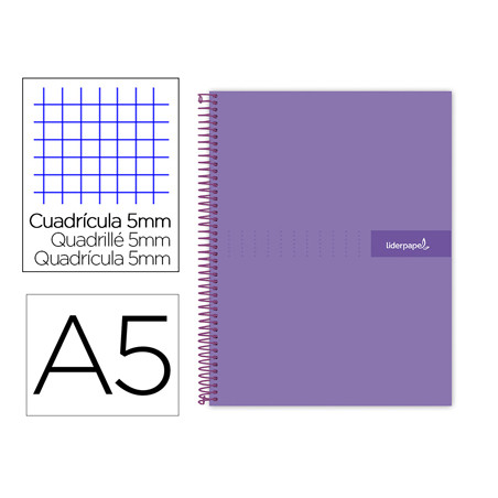 Cuaderno espiral liderpapel a5 micro crafty tapa forrada 120h 90 gr cuadro 5mm 5 bandas6 taladros color violeta