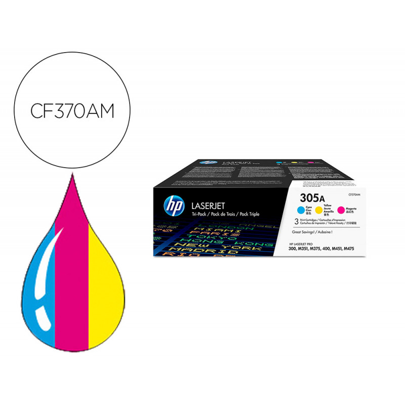 Toner hp 305a laserjet pro 300 / m351 / 400 / m451 / mfp m375 / mfp m475 pack color amarillo cian magenta 2600