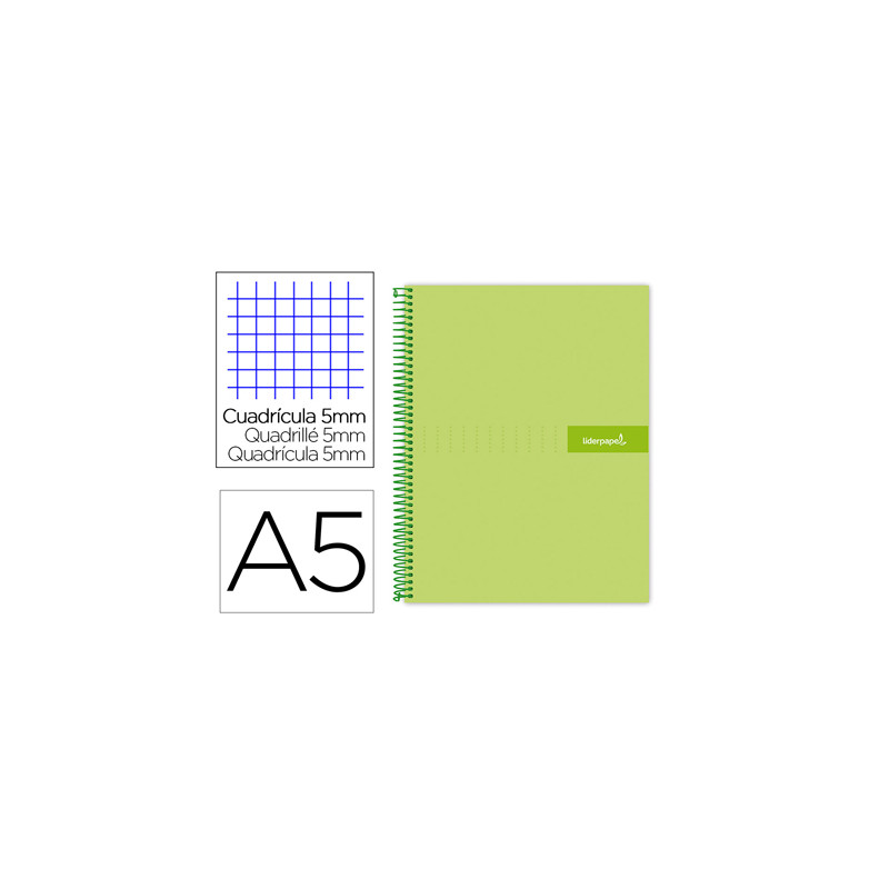 Cuaderno espiral liderpapel a5 micro crafty tapa forrada 120h 90 gr cuadro 5mm 5 bandas6 taladros color verde