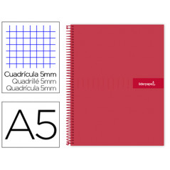 Cuaderno espiral liderpapel a5 micro crafty tapa forrada 120h 90 gr cuadro 5mm 5 bandas6 taladros color rojo