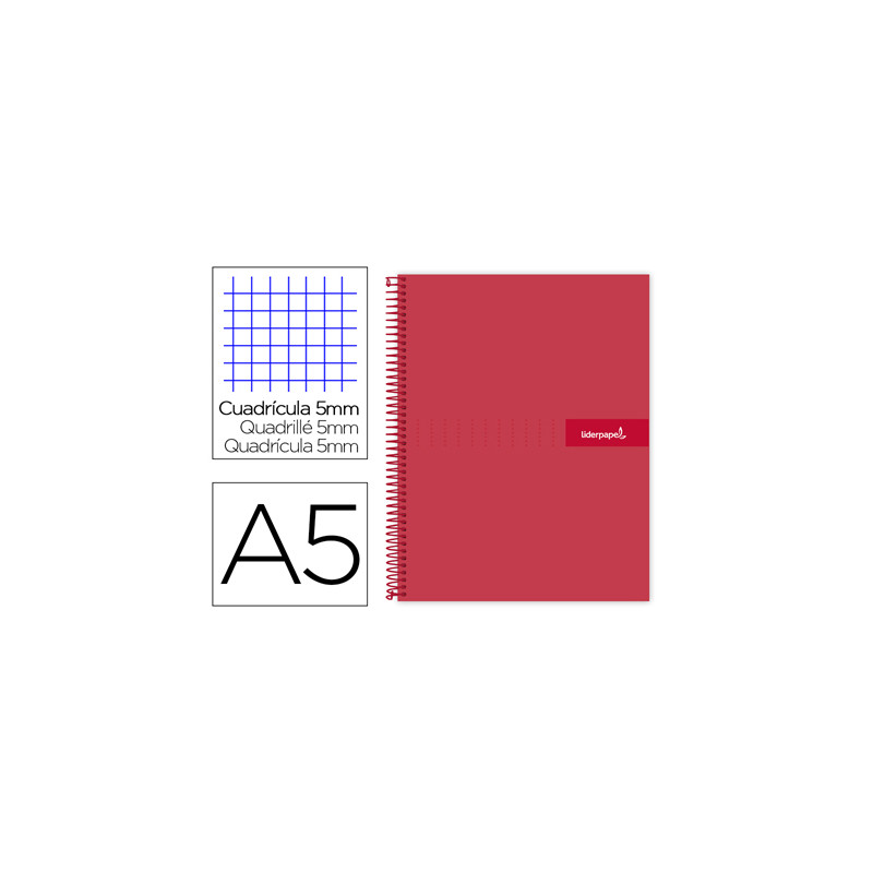 Cuaderno espiral liderpapel a5 micro crafty tapa forrada 120h 90 gr cuadro 5mm 5 bandas6 taladros color rojo