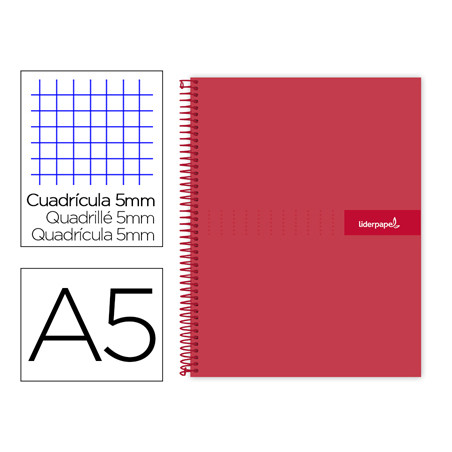 Cuaderno espiral liderpapel a5 micro crafty tapa forrada 120h 90 gr cuadro 5mm 5 bandas6 taladros color rojo