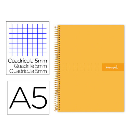 Cuaderno espiral liderpapel a5 micro crafty tapa forrada 120h 90 gr cuadro 5mm 5 bandas6 taladros color naranja