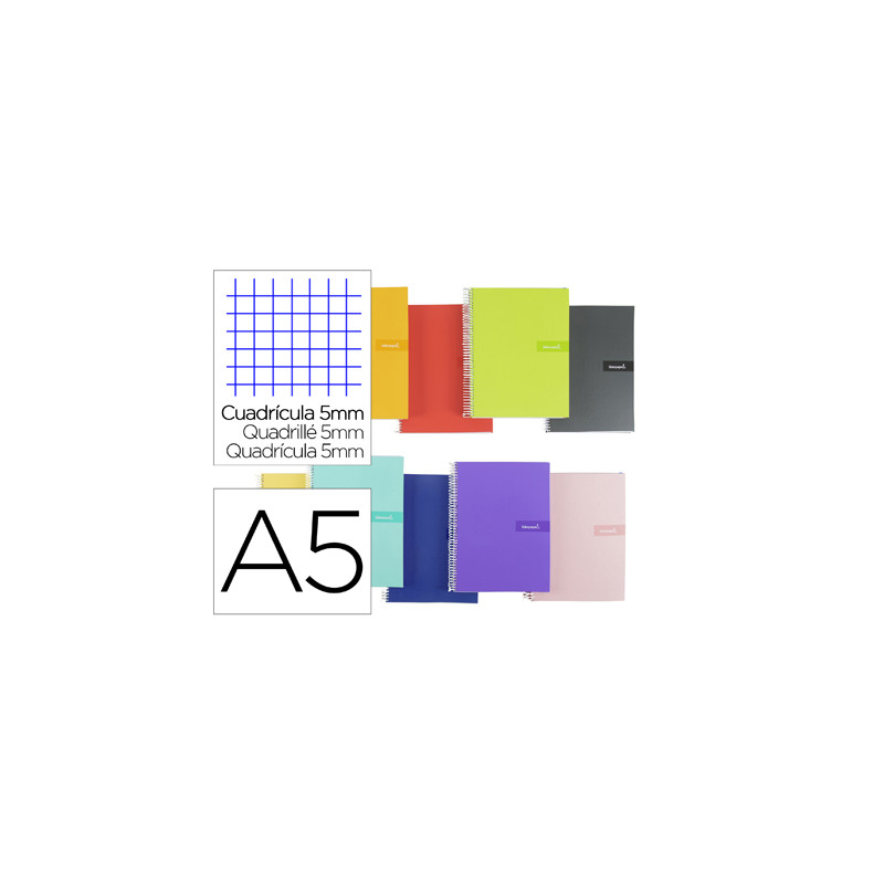 Cuaderno espiral liderpapel a5 crafty tapa forrada 80h 90 gr cuadro 5mm con margen colores surtidos