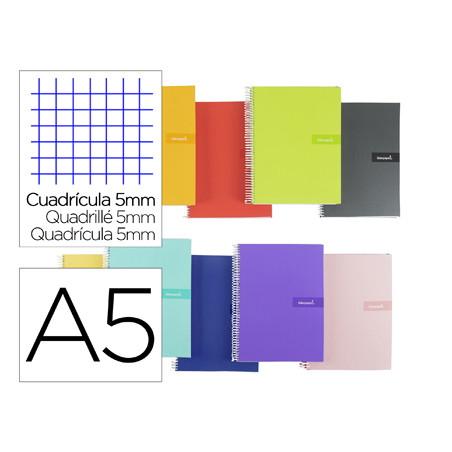Cuaderno espiral liderpapel a5 crafty tapa forrada 80h 90 gr cuadro 5mm con margen colores surtidos