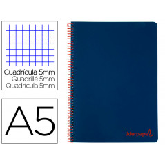 Cuaderno espiral liderpapel a5 micro wonder tapa plastico 120h 90g cuadro 5mm 5 bandas 6 taladros color azul marino
