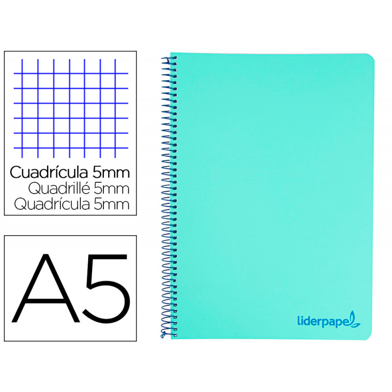 Cuaderno espiral liderpapel a5 micro wonder tapa plastico 120h 90g cuadro 5mm 5 bandas 6 taladro color verde turquesa