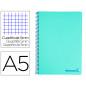 Cuaderno espiral liderpapel a5 micro wonder tapa plastico 120h 90g cuadro 5mm 5 bandas 6 taladro color verde turquesa