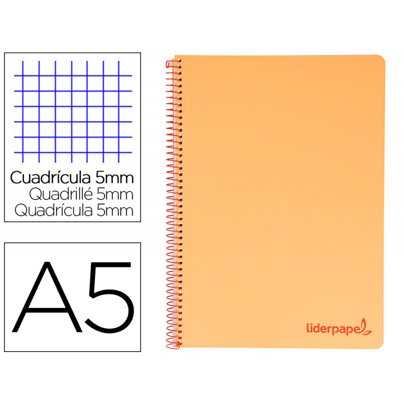 Cuaderno espiral liderpapel a5 micro wonder tapa plastico 120h 90g cuadro 5mm 5 bandas 6 taladros color naranja