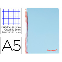 Cuaderno espiral liderpapel a5 micro wonder tapa plastico 120h 90g cuadro 5mm 5 bandas 6 taladros color celeste