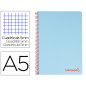 Cuaderno espiral liderpapel a5 micro wonder tapa plastico 120h 90gr cuadro 5mm 5 bandas 6 taladros color celeste