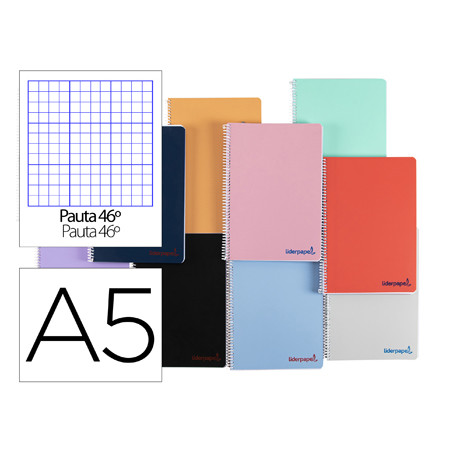 Cuaderno espiral liderpapel a5 wonder tapa plastico 80h 90g rayado n.46 colores surtidos