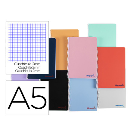 Cuaderno espiral liderpapel a5 wonder tapa plastico 80h 90g milimetrado 2mm colores surtidos