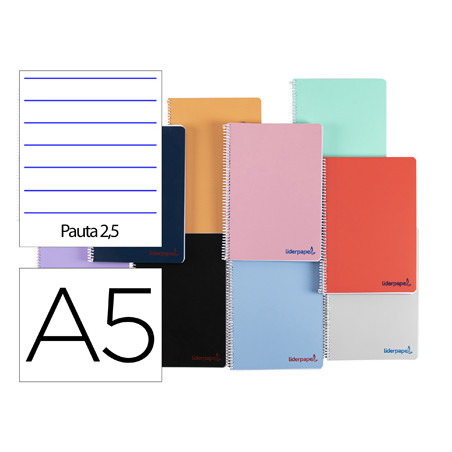 Cuaderno espiral liderpapel a5 wonder tapa plastico 80h 90g pauta estrecha 2,5mm con margen colores surtidos