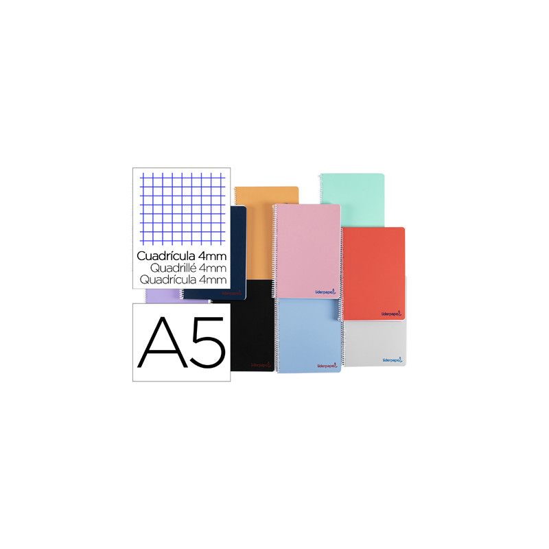 Cuaderno espiral liderpapel a5 wonder tapa plastico 80h 90gr cuadro 4mm con margen colores surtidos