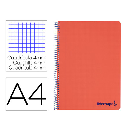 Cuaderno espiral liderpapel a4 wonder tapa plastico 80h 90gr cuadro 4mm con margen color rojo