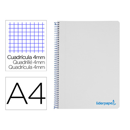 Cuaderno espiral liderpapel a4 wonder tapa plastico 80h 90gr cuadro 4mm con margen color gris