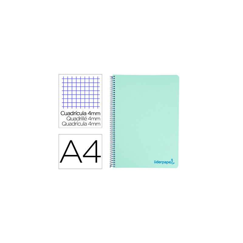 Cuaderno espiral liderpapel a4 wonder tapa plastico 80h 90gr cuadro 4mm con margen color verde pastel