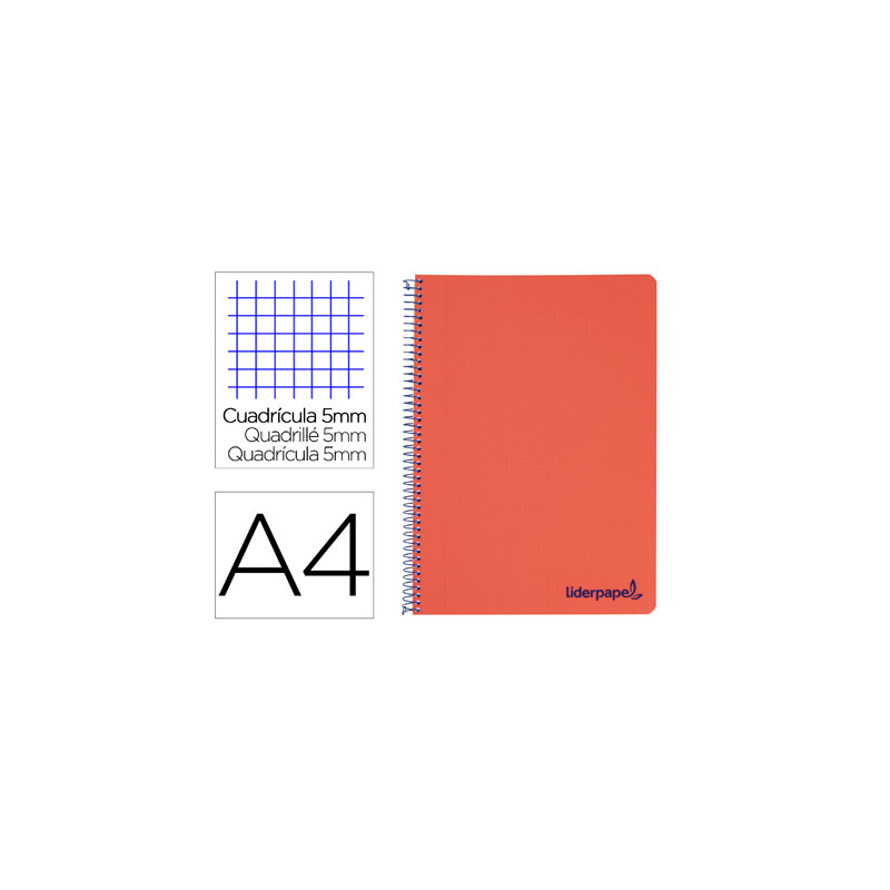 Cuaderno espiral liderpapel a4 micro wonder tapa plastico 120h 90 gr cuadro 5mm 5 bandas 4 taladros color rojo