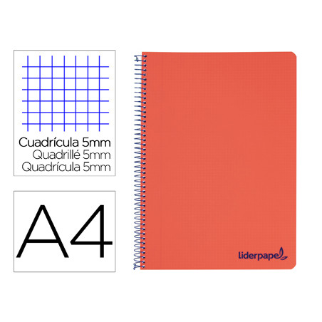Cuaderno espiral liderpapel a4 micro wonder tapa plastico 120h 90 gr cuadro 5 mm 5 bandas 4 taladros color rojo