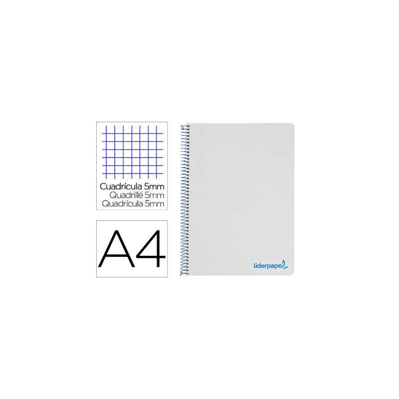 Cuaderno espiral liderpapel a4 micro wonder tapa plastico 120h 90 gr cuadro 5mm 5 bandas 4 taladros color gris