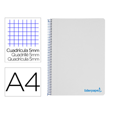 Cuaderno espiral liderpapel a4 micro wonder tapa plastico 120h 90 gr cuadro 5 mm 5 bandas 4 taladros color gris