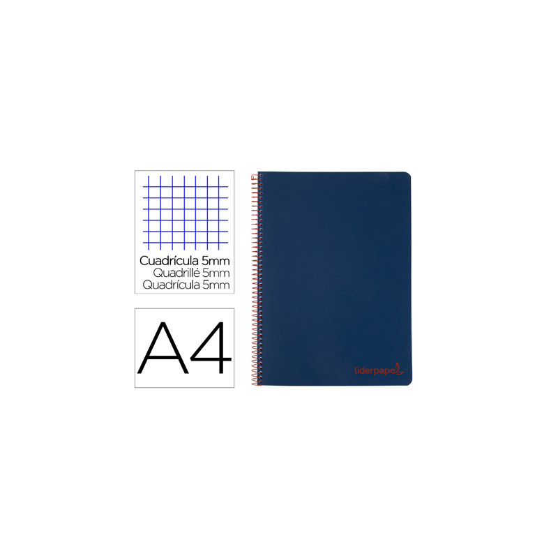 Cuaderno espiral liderpapel a4 micro wonder tapa plastico 120h 90 gr cuadro 5mm 5 banda 4 taladros color azul marino