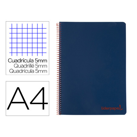 Cuaderno espiral liderpapel a4 micro wonder tapa plastico 120h 90 gr cuadro 5 mm 5 banda4 taladros color azul marino