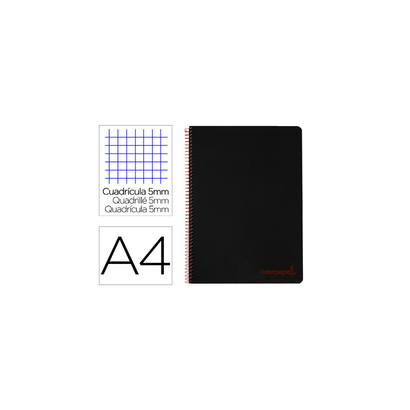 Cuaderno espiral liderpapel a4 micro wonder tapa plastico 120h 90 gr cuadro 5mm 5 bandas 4 taladros color negro