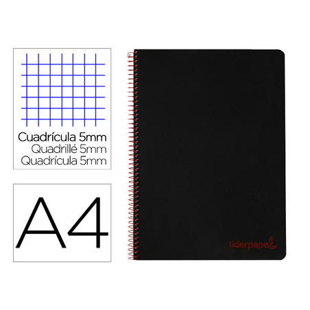 Cuaderno espiral liderpapel a4 micro wonder tapa plastico 120h 90 gr cuadro 5 mm 5 bandas 4 taladros color negro