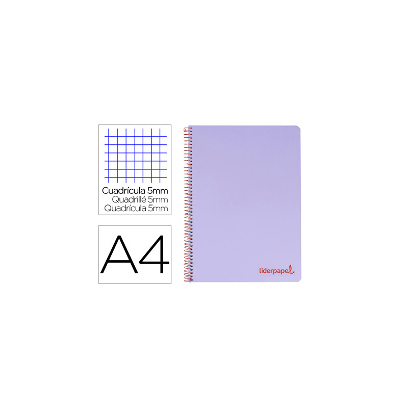 Cuaderno espiral liderpapel a4 micro wonder tapa plastico 120h 90 gr cuadro 5mm 5 banda 4 taladros color lila