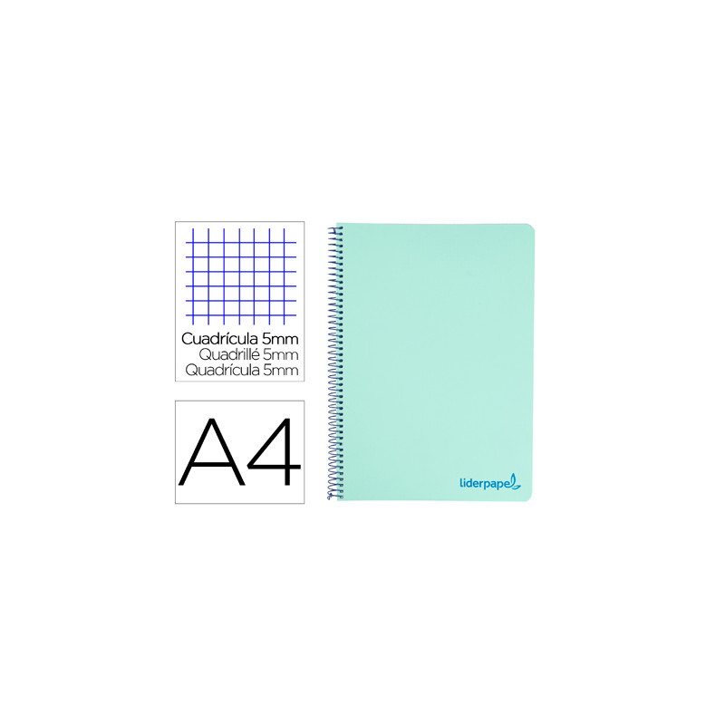 Cuaderno espiral liderpapel a4 micro wonder tapa plastico 120h 90 gr cuadro 5mm 5 banda 4 taladro color verde turquesa