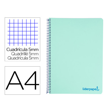 Cuaderno espiral liderpapel a4 micro wonder tapa plastico 120h 90 gr cuadro 5 mm 5 bandas 4 taladros color verde