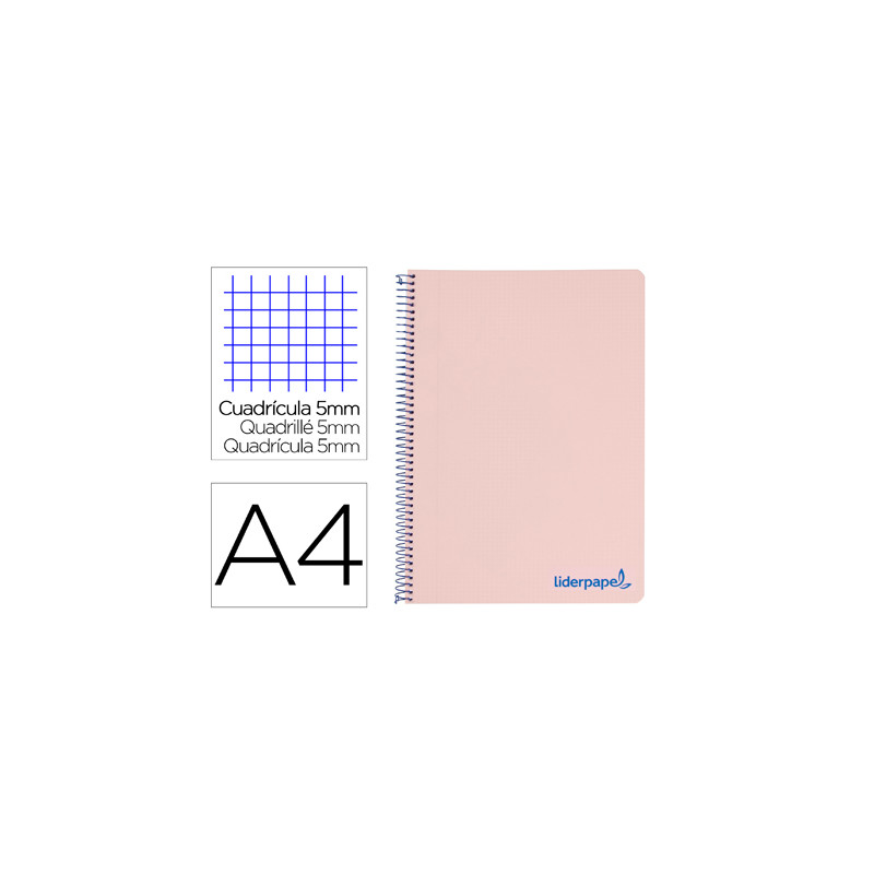 Cuaderno espiral liderpapel a4 micro wonder tapa plastico 120h 90 gr cuadro 5mm 5 bandas 4 taladros color rosa