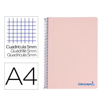 Cuaderno espiral liderpapel a4 micro wonder tapa plastico 120h 90 gr cuadro 5 mm 5 bandas 4 taladros color rosa