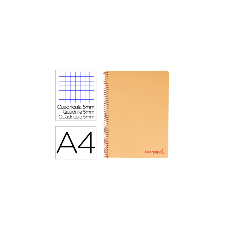 Cuaderno espiral liderpapel a4 micro wonder tapa plastico 120h 90 gr cuadro 5mm 5 banda 4 taladros color naranja