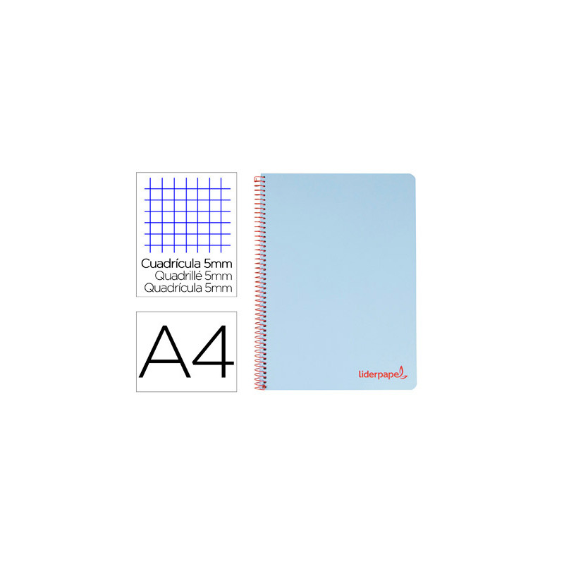 Cuaderno espiral liderpapel a4 micro wonder tapa plastico 120h 90 gr cuadro 5mm 5 banda 4 taladros color celeste