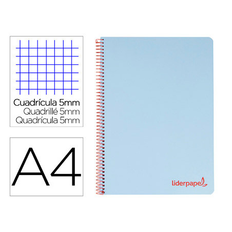 Cuaderno espiral liderpapel a4 micro wonder tapa plastico 120h 90 gr cuadro 5 mm 5 banda4 taladros color celeste