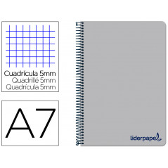 Cuaderno espiral liderpapel a7 micro wonder tapa plastico 100h 90 gr cuadro 5mm 4 bandas color gris