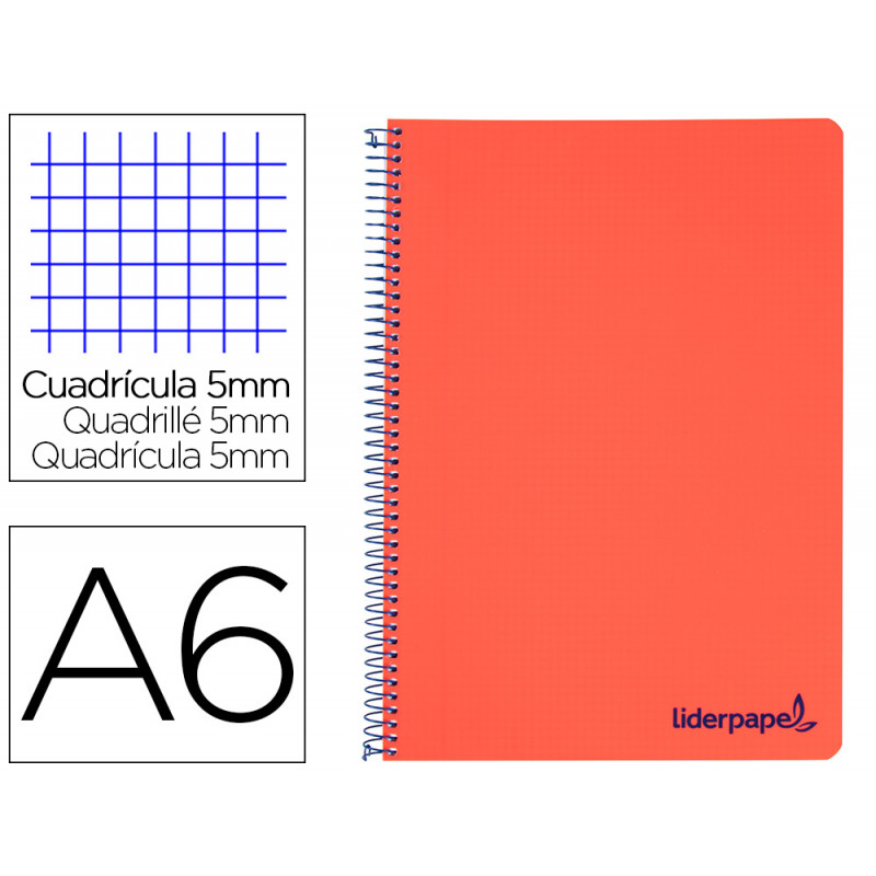 Cuaderno espiral liderpapel a6 micro wonder tapa plastico 120h 90 gr cuadro 5mm 4 bandas color rojo