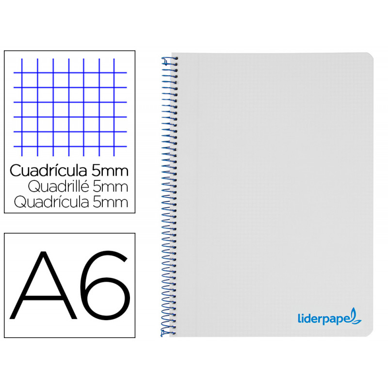 Cuaderno espiral liderpapel a6 micro wonder tapa plastico 120h 90 gr cuadro 5mm 4 bandas color gris