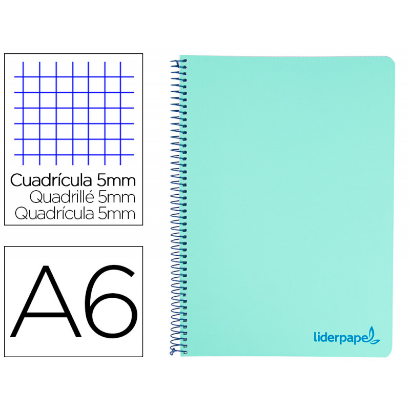Cuaderno espiral liderpapel a6 micro wonder tapa plastico 120h 90 gr cuadro 5mm 4 bandas color verde