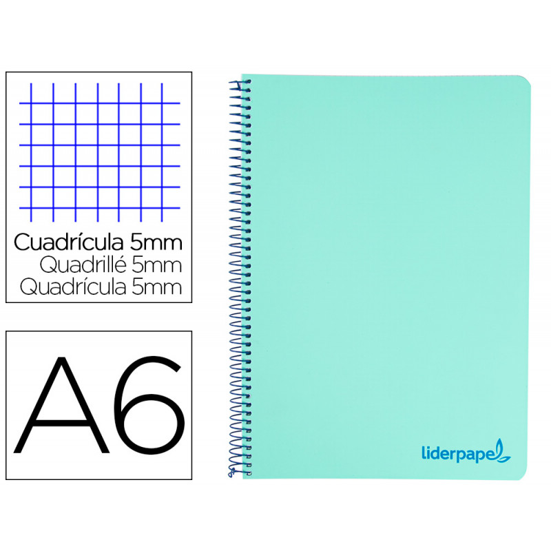 Cuaderno espiral liderpapel a6 micro wonder tapa plastico 120h 90 gr cuadro 5mm 4 bandascolor verde pastel turquesa